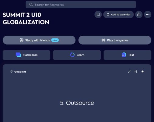 Giao diện ôn tập bộ thẻ từ vựng của Quizlet